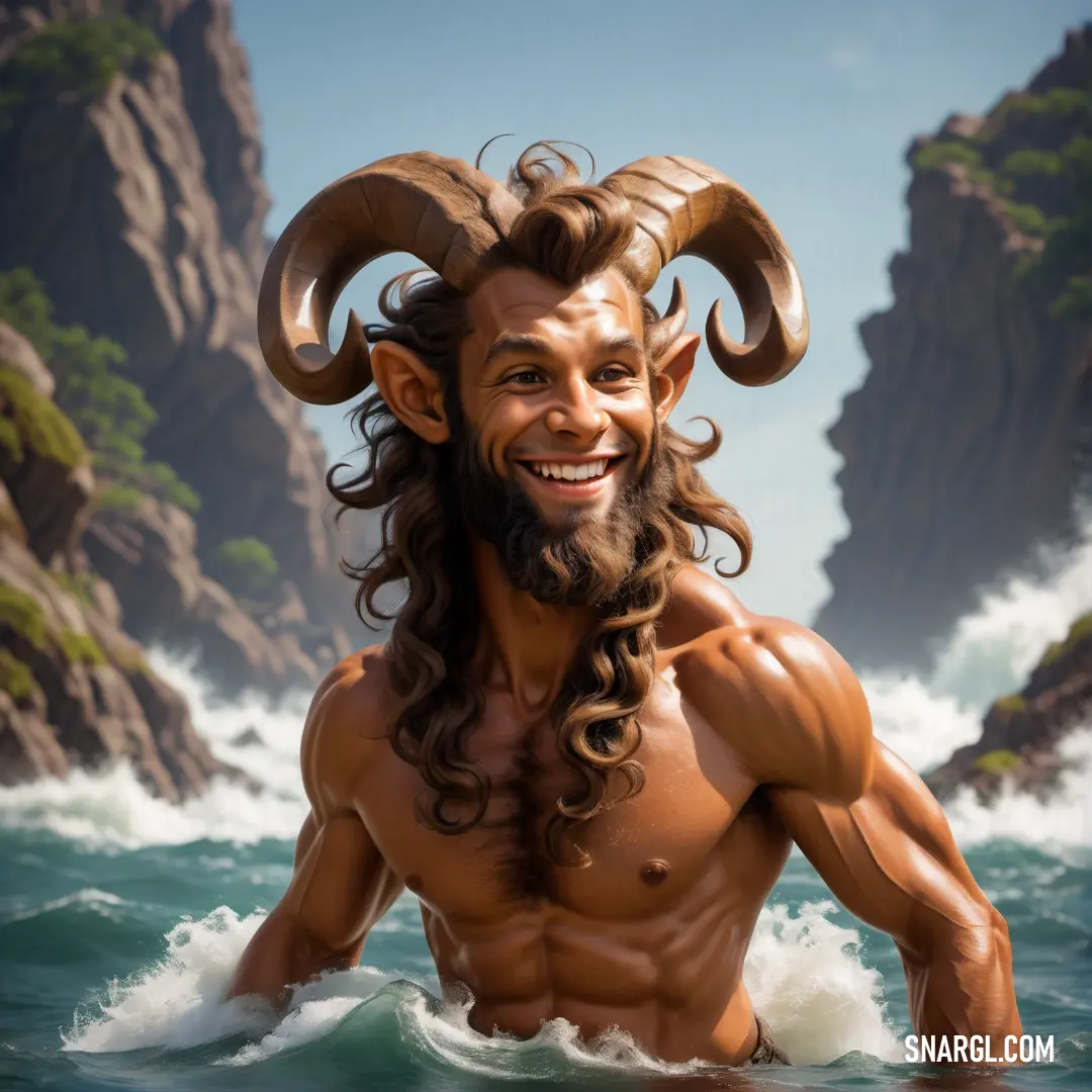 Satyr with long hair and a goat's head is in the water with a mountain in the background
