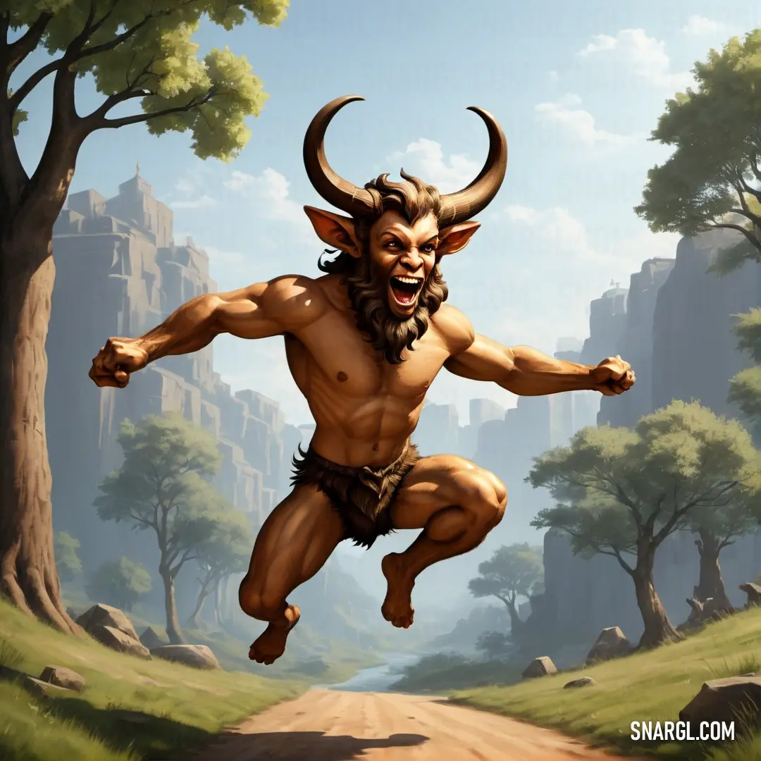 Painting of a male Satyr with horns and a beard running in the air with his arms out and his legs spread wide