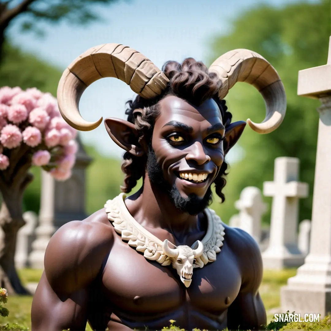 Statue of a male Satyr with horns and a beard with a flower in his mouth and a wreath of flowers behind him