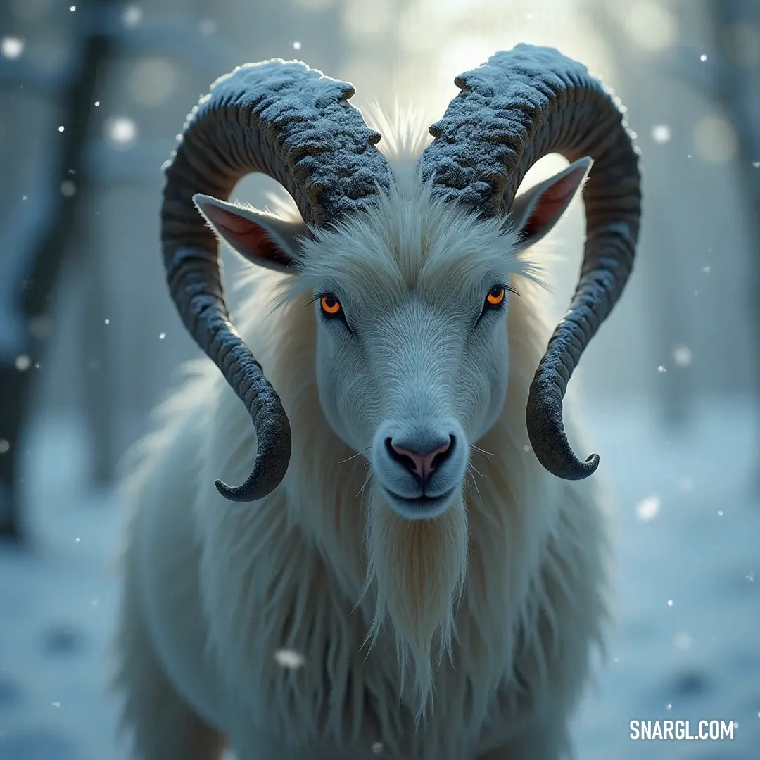 A striking goat stands majestically in a snowy landscape, showcasing its impressive long horns and vivid orange eyes that pierce through the white blanket, creating a stark and beautiful contrast of colors.