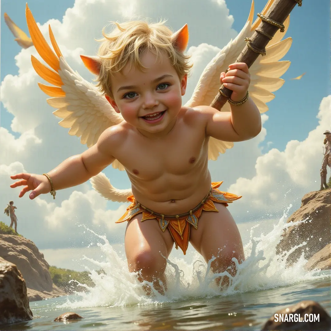 Saule, dressed as a demon, grips his sword tightly with a body of water stretching behind him, exuding an aura of strength and mystery. A young warrior named Saule stands like a demon, his eyes burning with intensity as he holds a sword in his hands. A serene body of water stretches out behind him, offering a contrast to the fierce energy he emanates, creating a mystical, powerful scene.