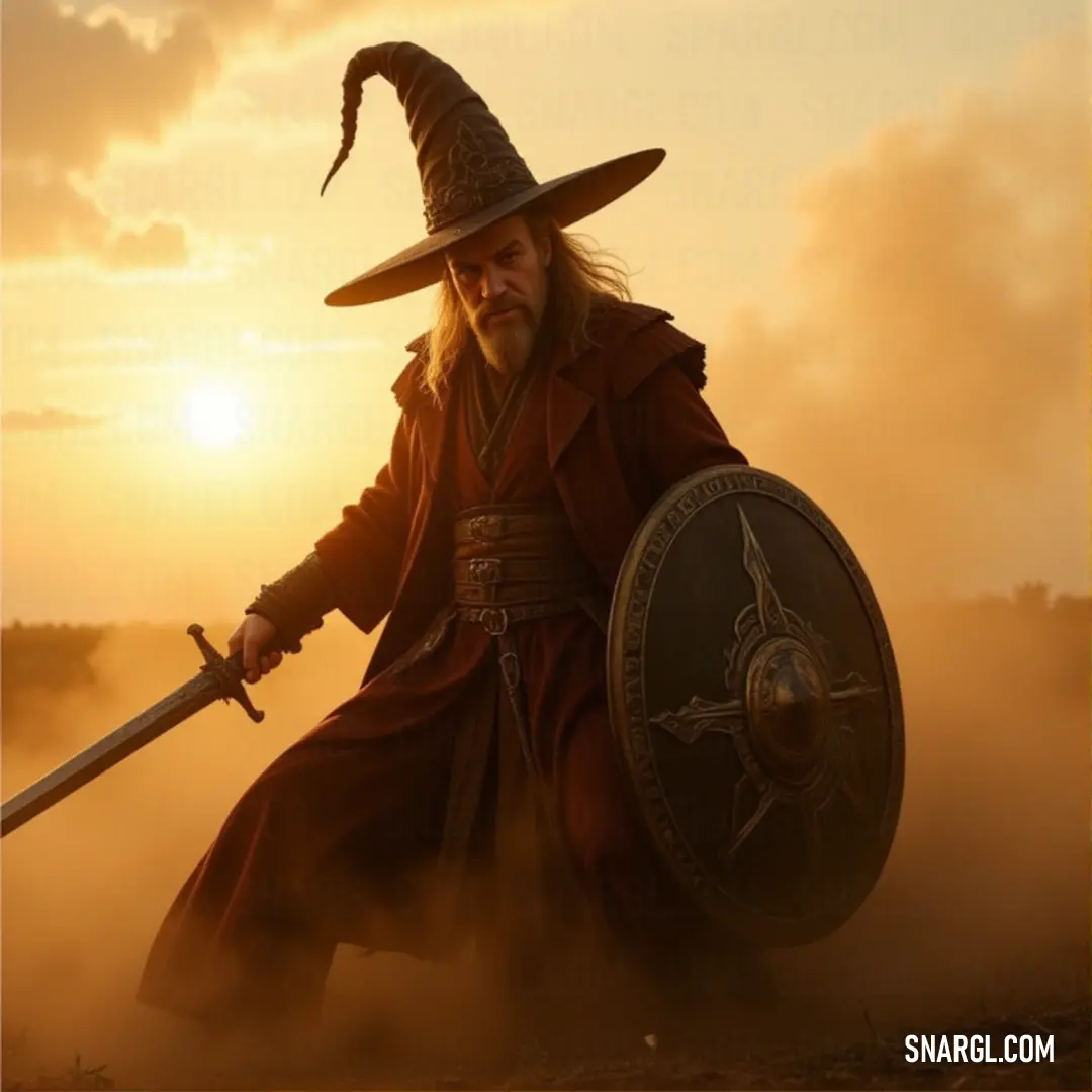 A fearsome figure in the golden light of sunset, Sauron stands tall, ready for battle with sword and shield in hand, as the fading sun casts a dramatic glow behind him. Sauron stands in a sunlit field, sword and shield in hand, his ominous presence filling the air. The setting sun casts long shadows across the land, his costume and hat marking him as a formidable figure of power.
