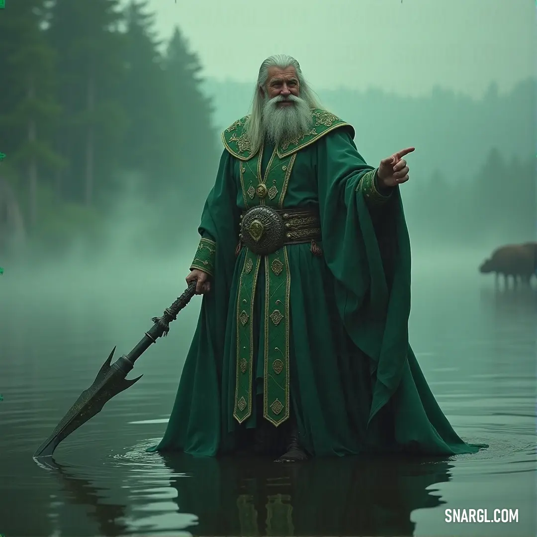 A green-clad figure stands solemnly in a lake, their long beard flowing with the breeze, a symbol of timeless wisdom and strength. A towering figure dressed in green, standing in a tranquil lake with a long, flowing beard, exuding a sense of ancient power and wisdom.