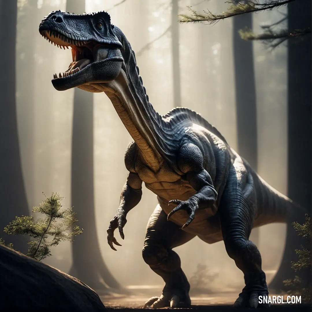 A Saurophaganax stands tall in the forest, its face and mouth lit by a beam of light that breaks through the trees, creating an imposing and majestic scene.