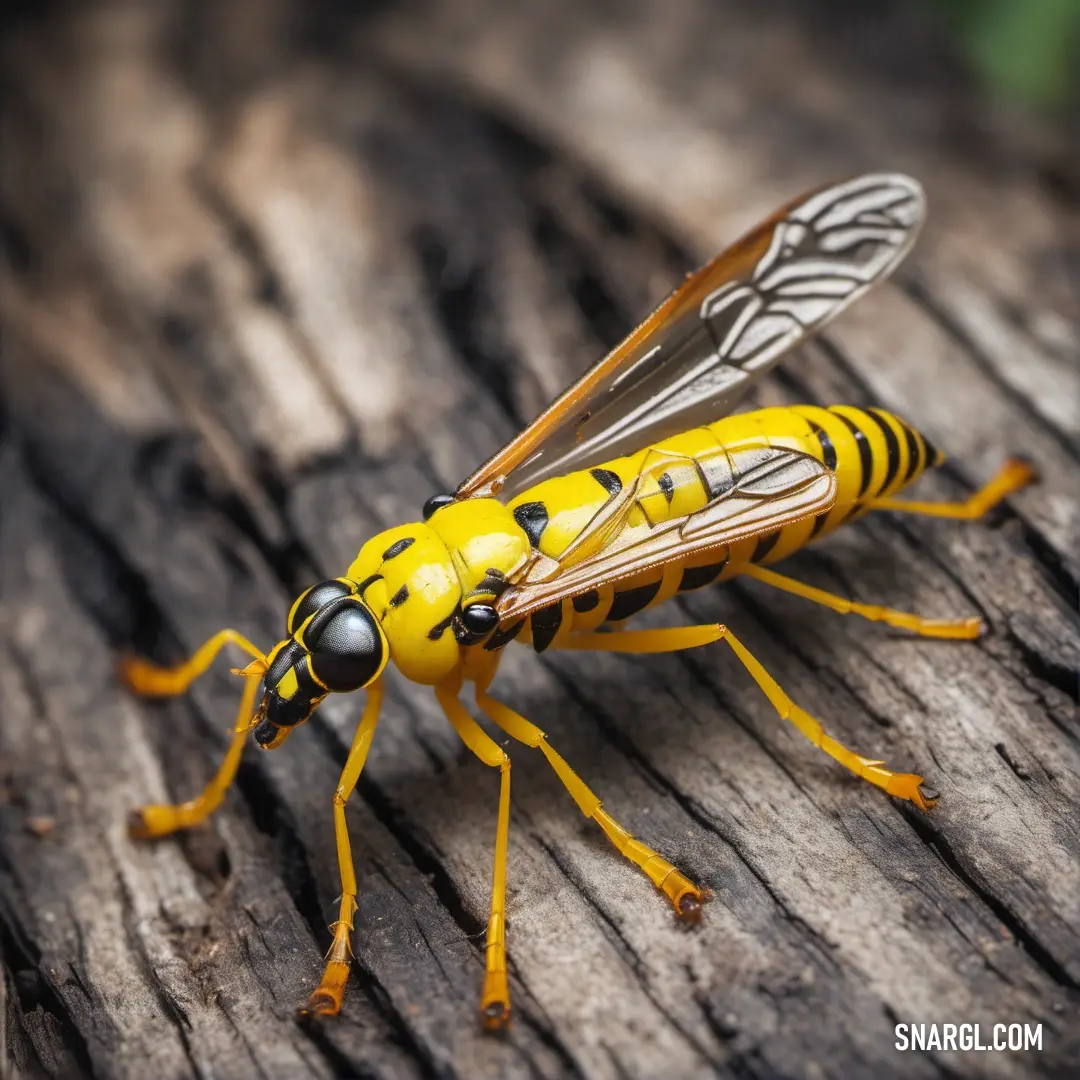 A yellow and black insect crawls on a piece of wood, with a bold black eye clearly visible on its face. The intricate details of the insect's body and its surroundings are captured in stunning clarity, showcasing its unique appearance.