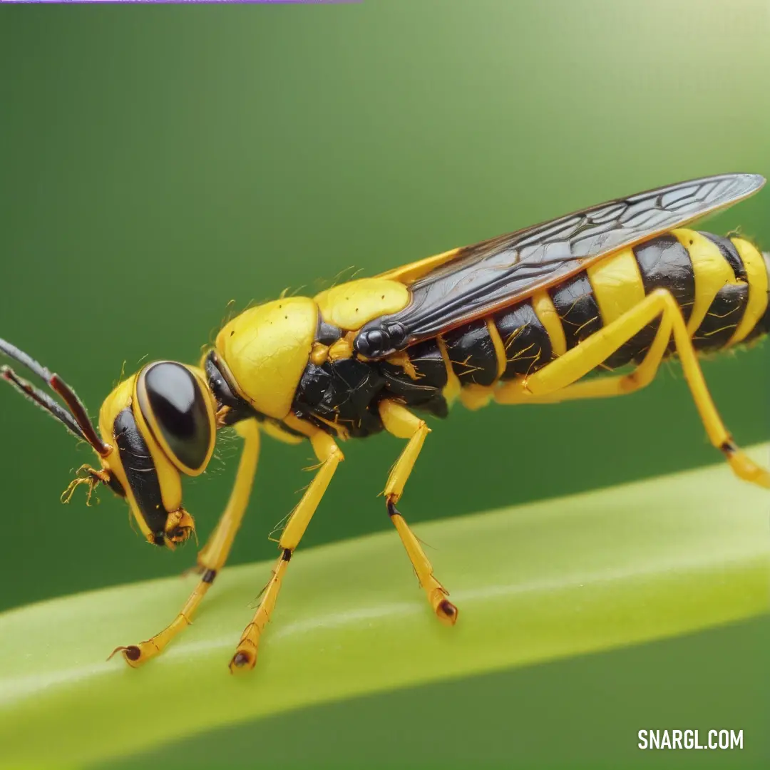 A vivid yellow and black insect perched on a green leaf, its intricate features adding a touch of nature’s boldness to the surrounding foliage. A vibrant yellow and black insect rests on a green leaf, its striking colors contrasting beautifully against the fresh greenery. The insect’s delicate details stand out, adding a small but bold element to the plant life.
