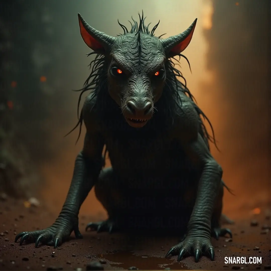 A menacing scaled Chupacabra lurks in a foggy forest, its red eyes glowing as it waits in the shadows. A scaled Chupacabra with glowing red eyes and wild, flowing hair crouches low on the forest floor, shrouded by fog as a ghostly light flickers from above, highlighting its eerie form.