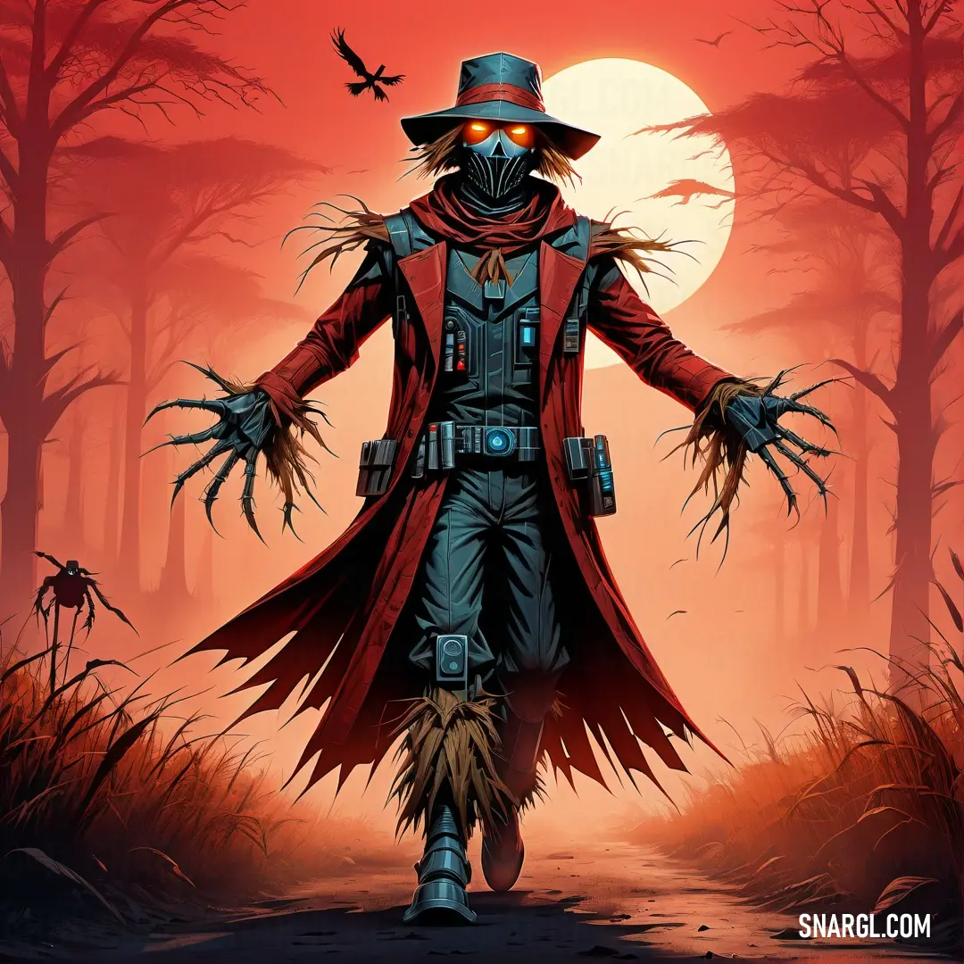 Scarecrow in a red coat and hat walking through a forest with a full moon in the background