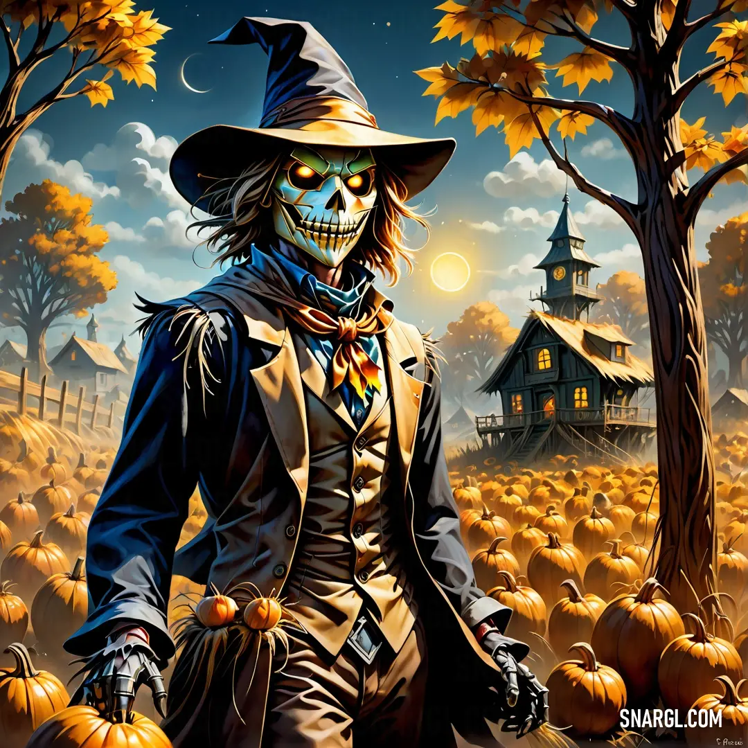 Painting of a skeleton dressed in a witch costume walking through a pumpkin patch with a house in the background