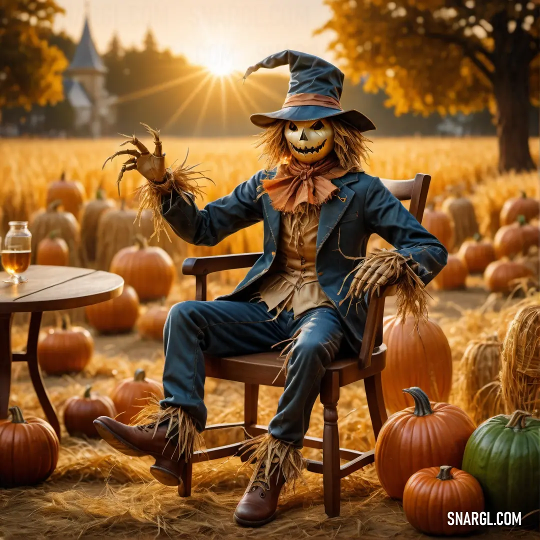 Scarecrow in a chair with a glass of wine in his hand and pumpkins in the background
