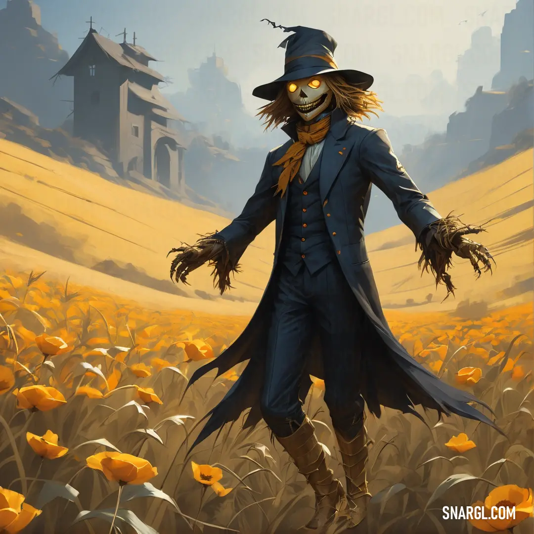 Scarecrow in a field of yellow flowers with a house in the background