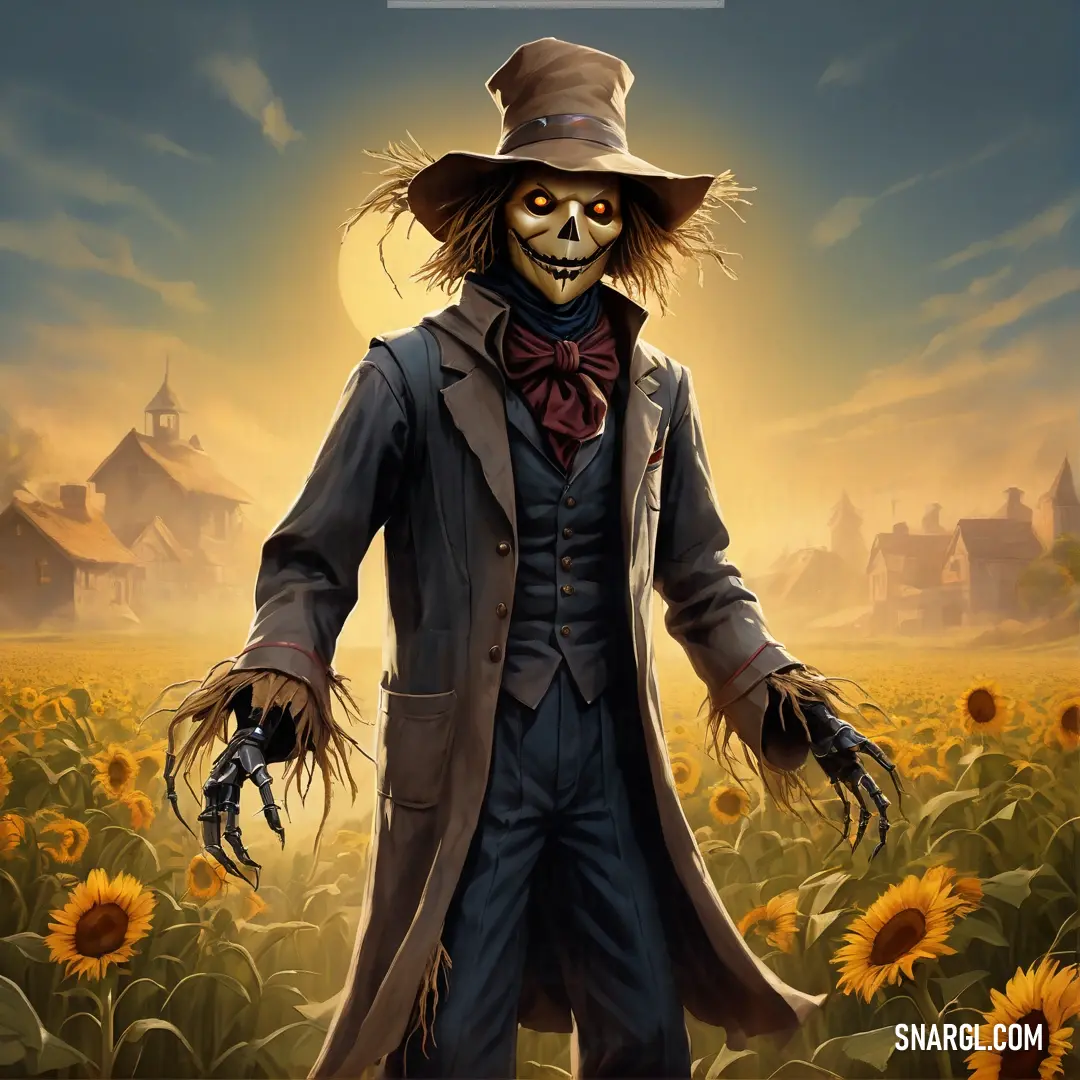 Scarecrow in a hat and coat standing in a field of sunflowers with a scarecrow on his shoulder