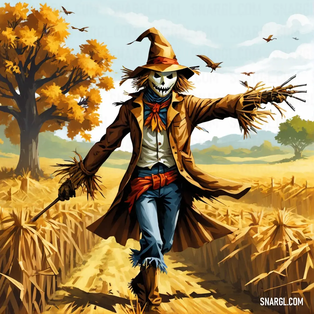 Scarecrow in a scarecrow costume walking through a cornfield with a scarecrow on his head