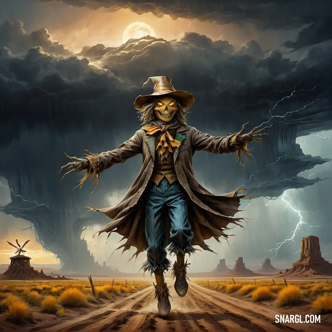 Scarecrow is walking down a dirt road in a desert area with a storm in the background