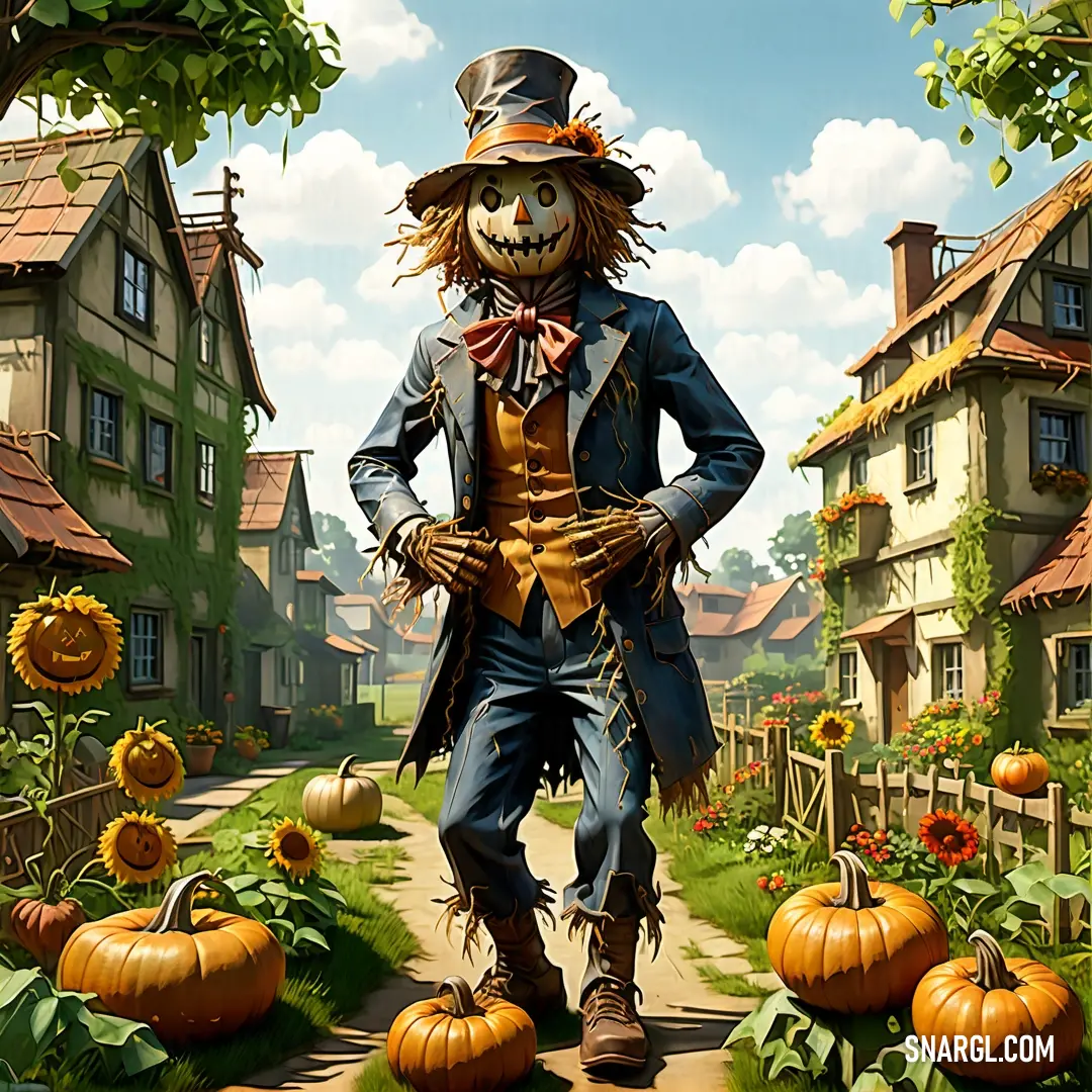 Scarecrow is walking down a path in a village with pumpkins and sunflowers on the ground