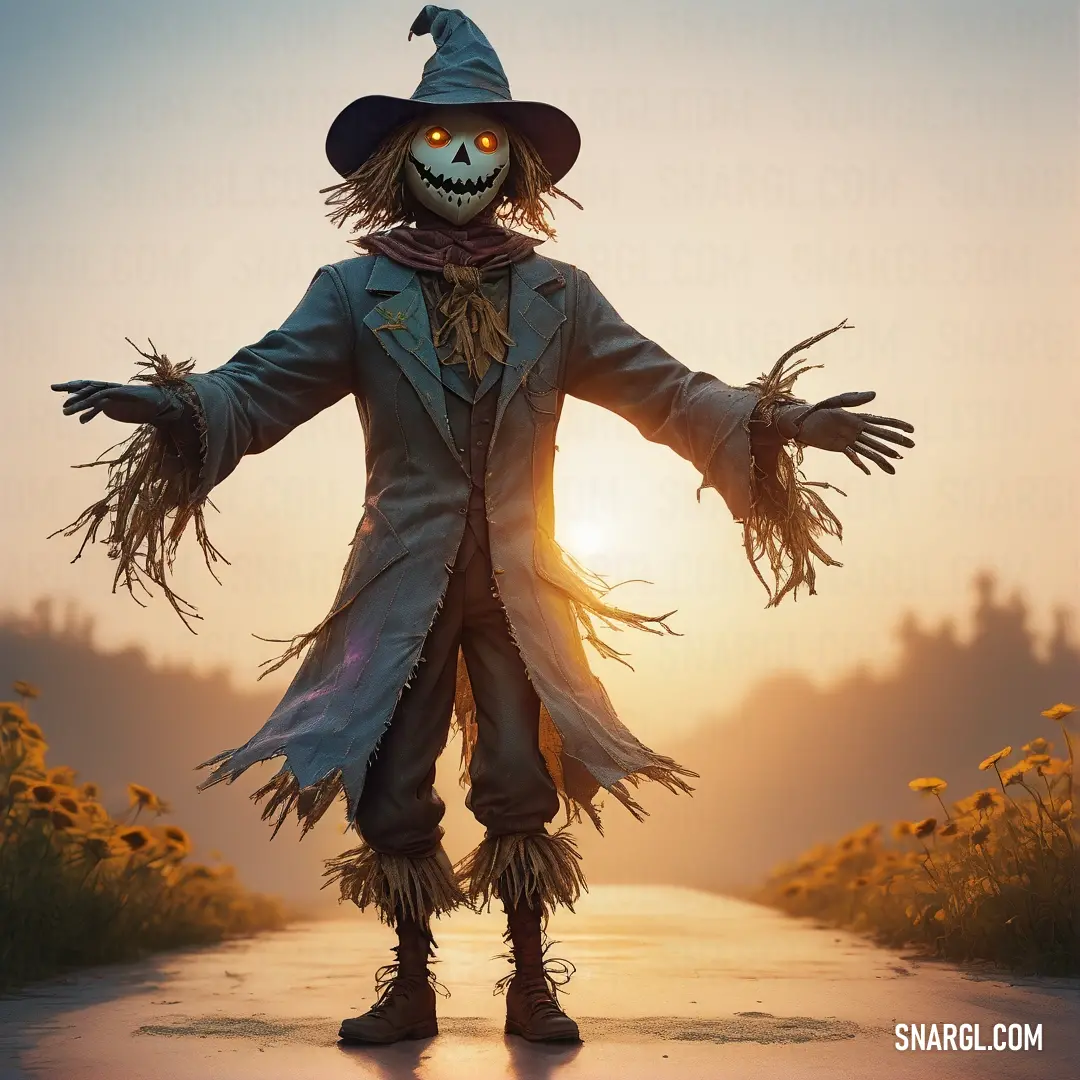 Scarecrow standing on a road with sun in the background