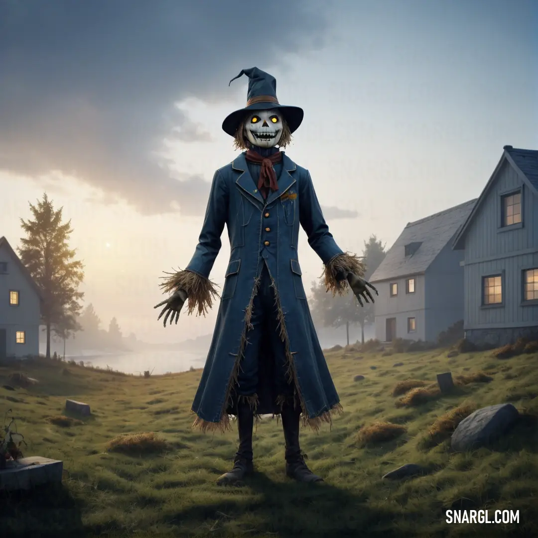 Scarecrow standing in a field with a house in the background