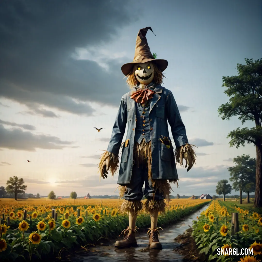 Scarecrow standing in a field of sunflowers with a scarecrow mask on his head