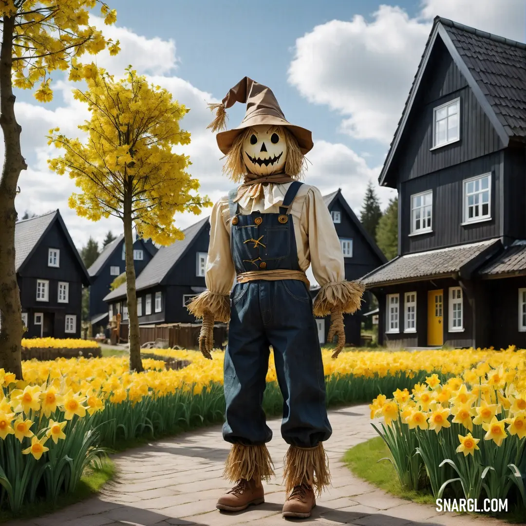 Scarecrow standing in front of a house with daffodils in the yard and a tree
