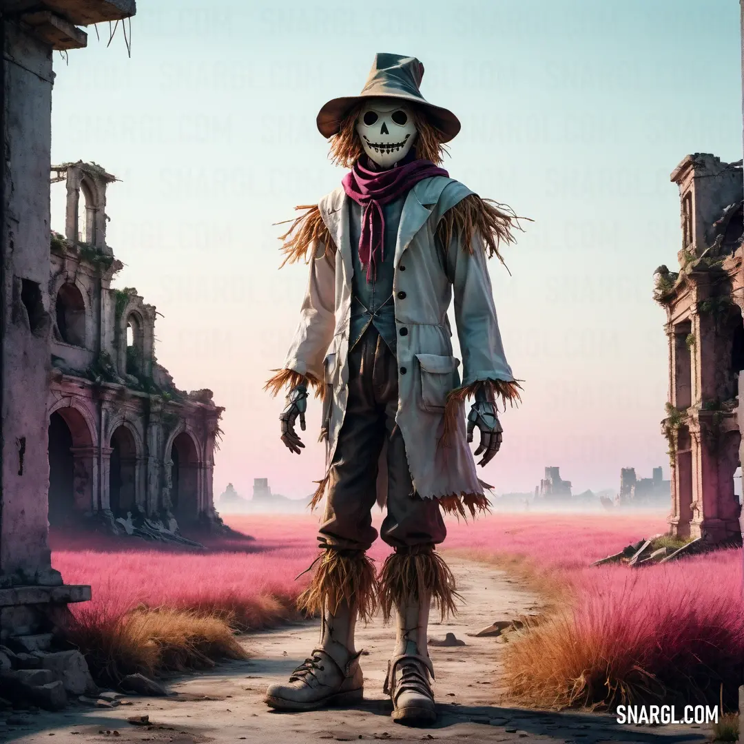 Scarecrow standing in a field with a pink flower field in the background