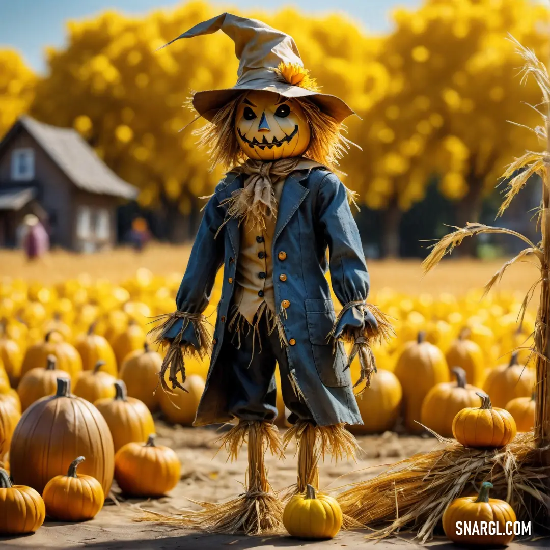Scarecrow standing in a field of pumpkins with a scarecrow hat on his head