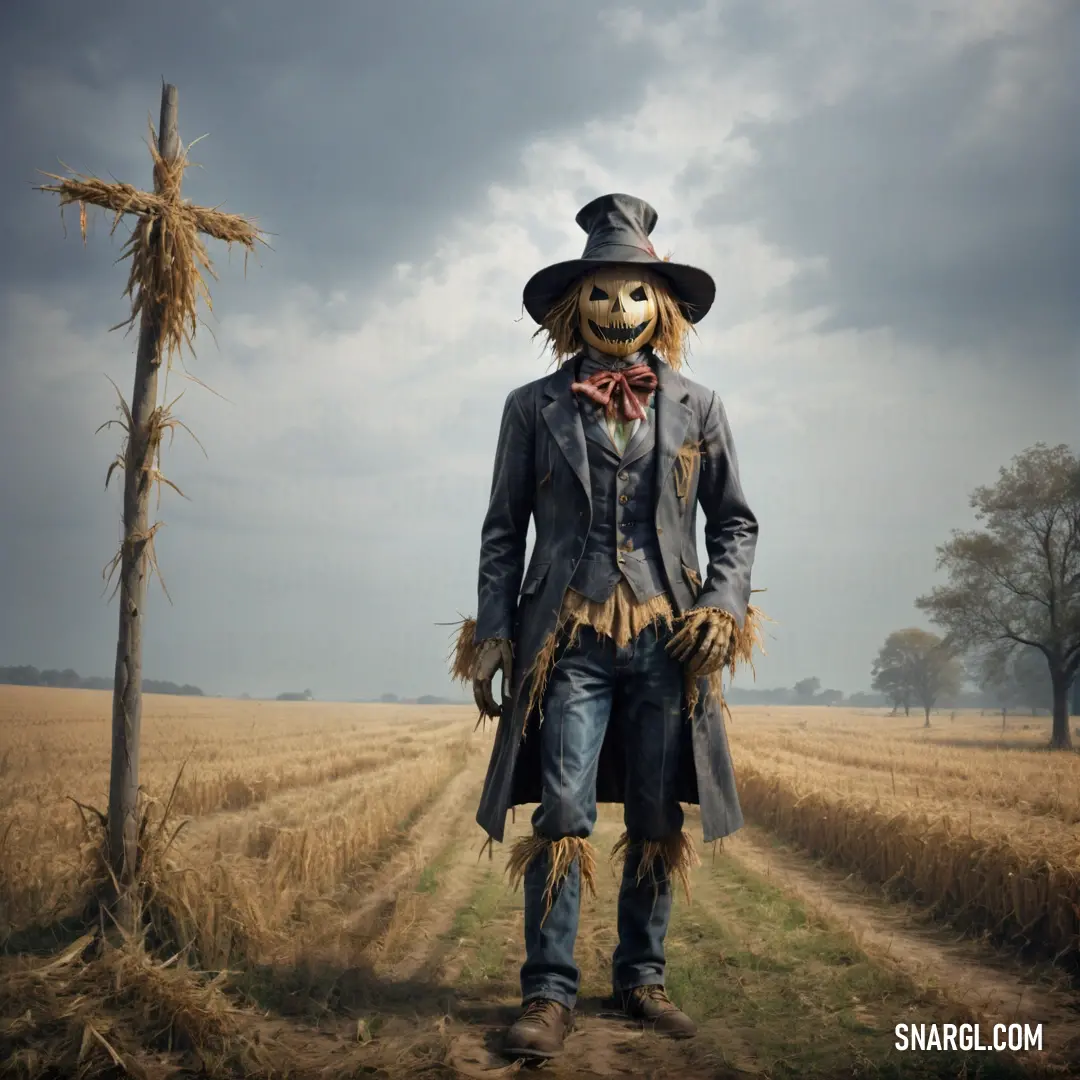Scarecrow standing in a field with a scarecrow mask on his face and a hat on his head