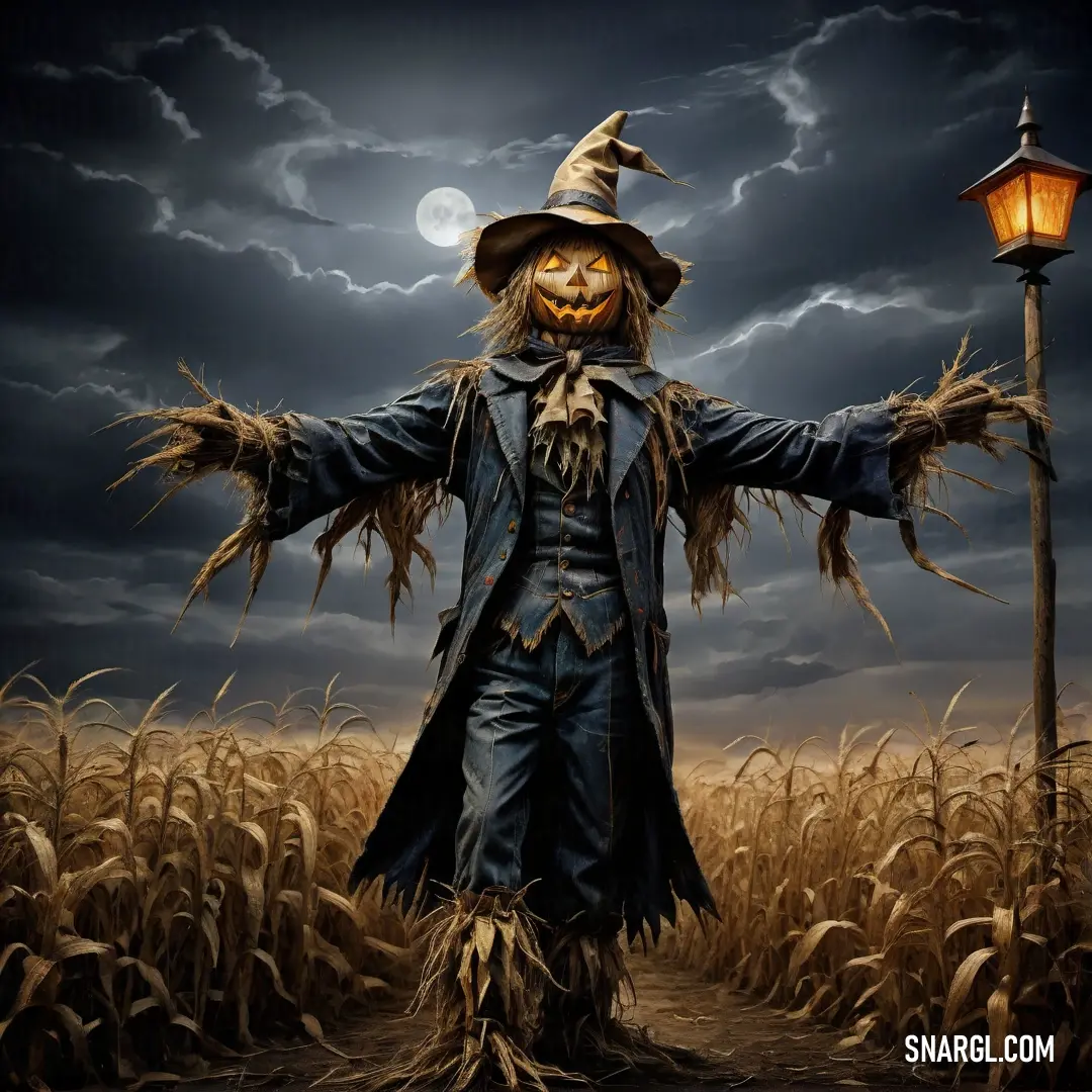 Scarecrow standing in a cornfield with a lantern in the background