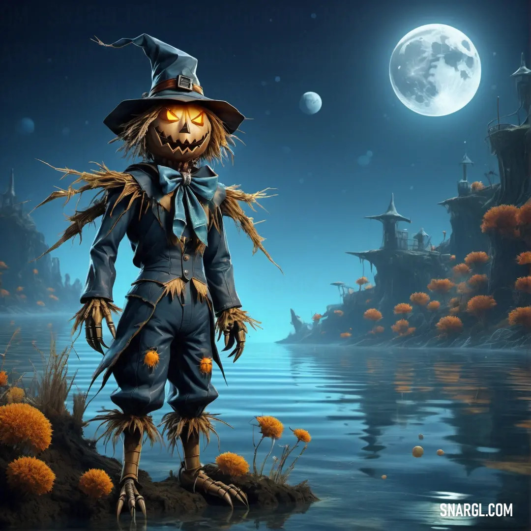 Scarecrow standing on a small island in the middle of a lake at night with a full moon in the background