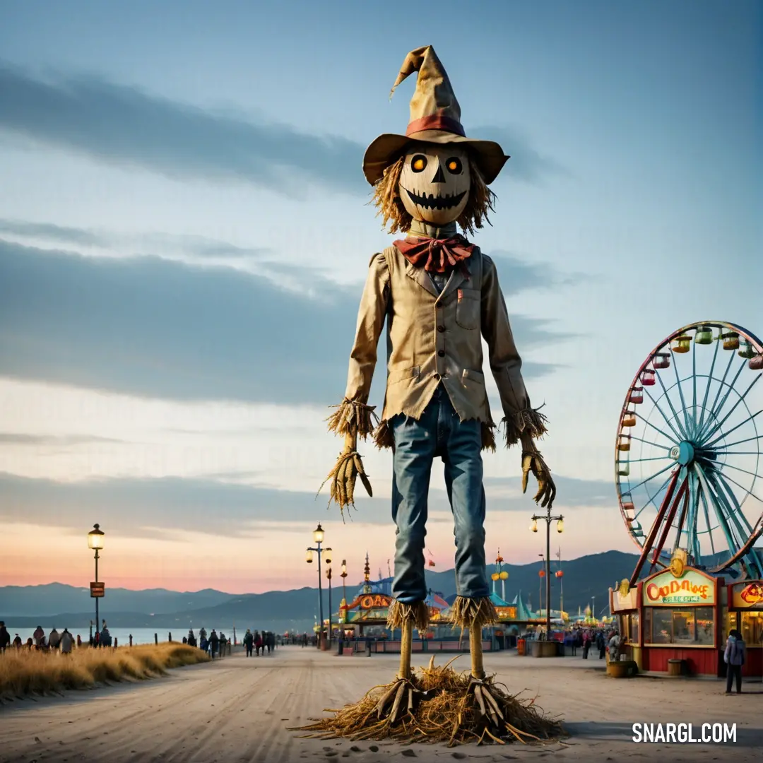 Scarecrow statue standing in front of a carnival ride and ferris wheel at dusk with a ferris wheel in the background