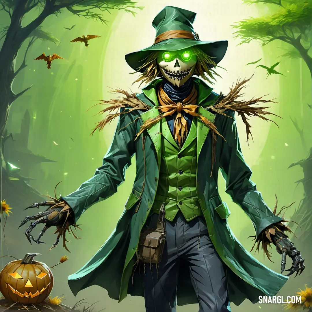Scarecrow with a green hat and green eyes and a green coat and tie and a pumpkin in the background