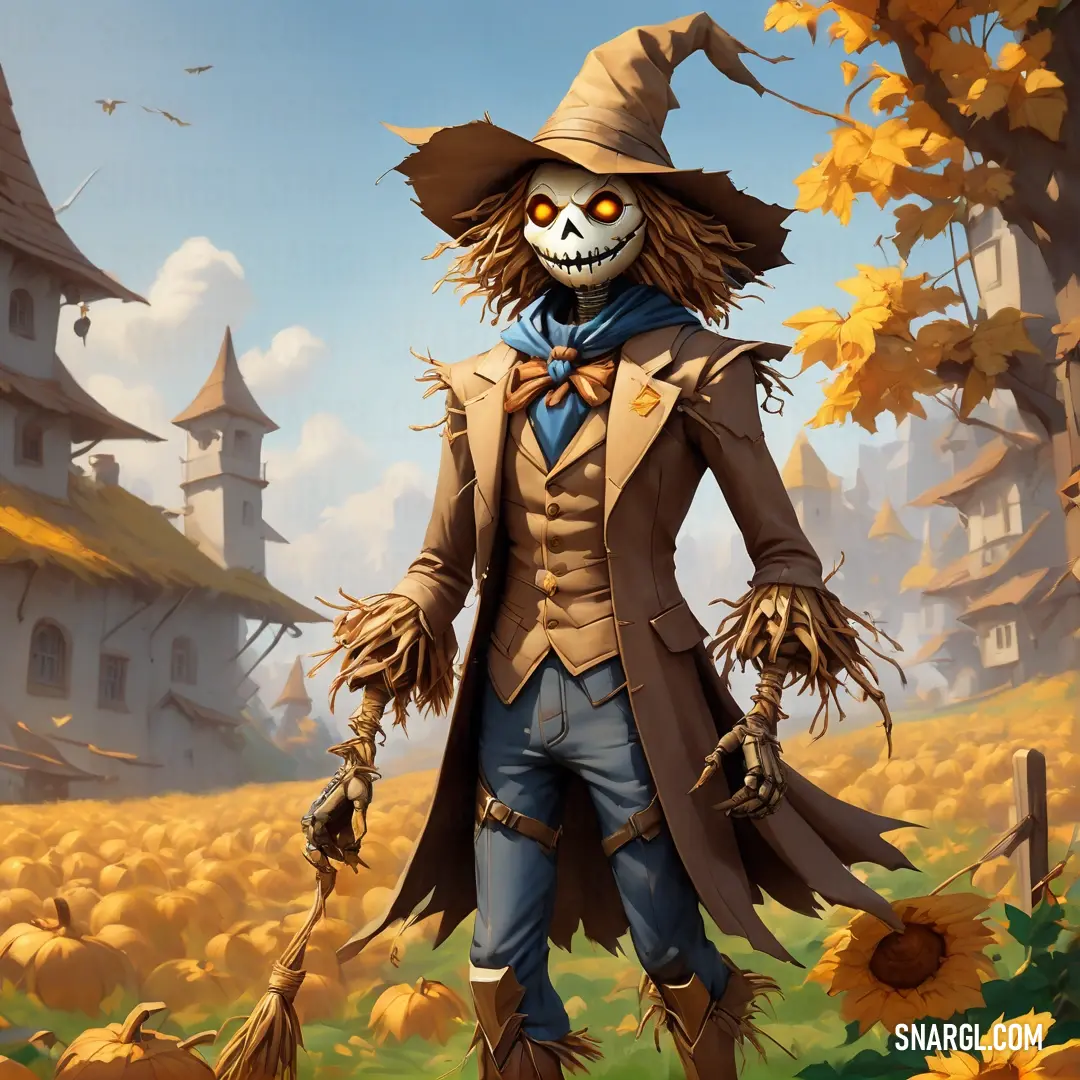 Scarecrow with a hat and a scarecrow costume standing in a field of pumpkins with a castle in the background