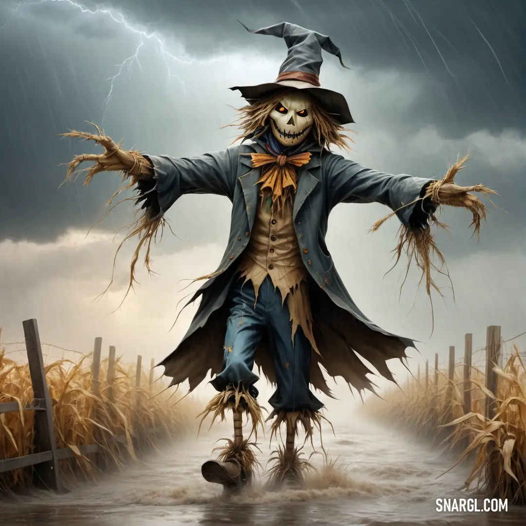 Scarecrow with a hat and a tie is walking through a cornfield in the rain with his arms outstretched