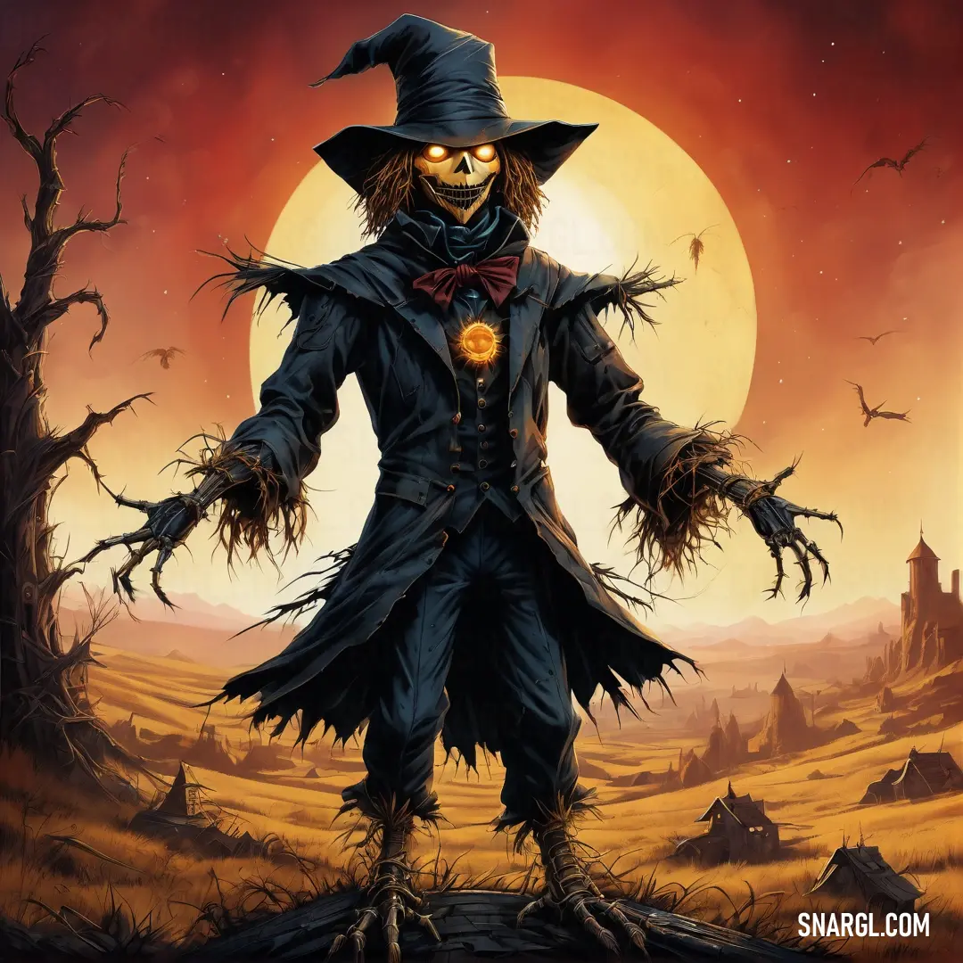 Scarecrow with a hat and a bow tie standing in a field with a full moon in the background