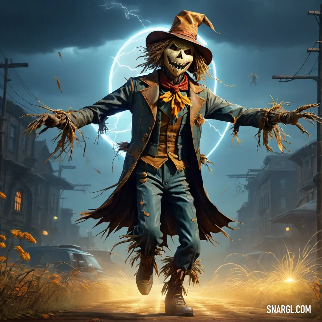 Scarecrow with a hat and a coat on is walking through a street in front of a full moon