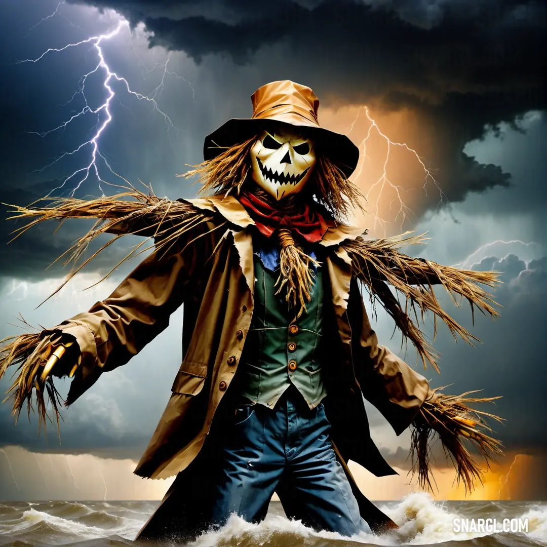 Scarecrow with a hat and a scarf on standing in the water with a lightning in the background