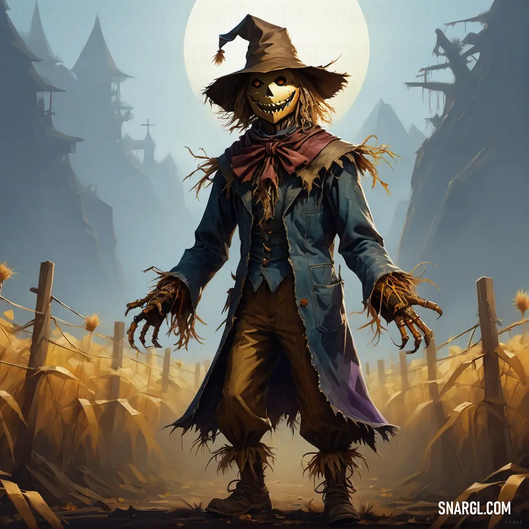 Scarecrow with a hat and a scarf on standing in a cornfield with a full moon in the background
