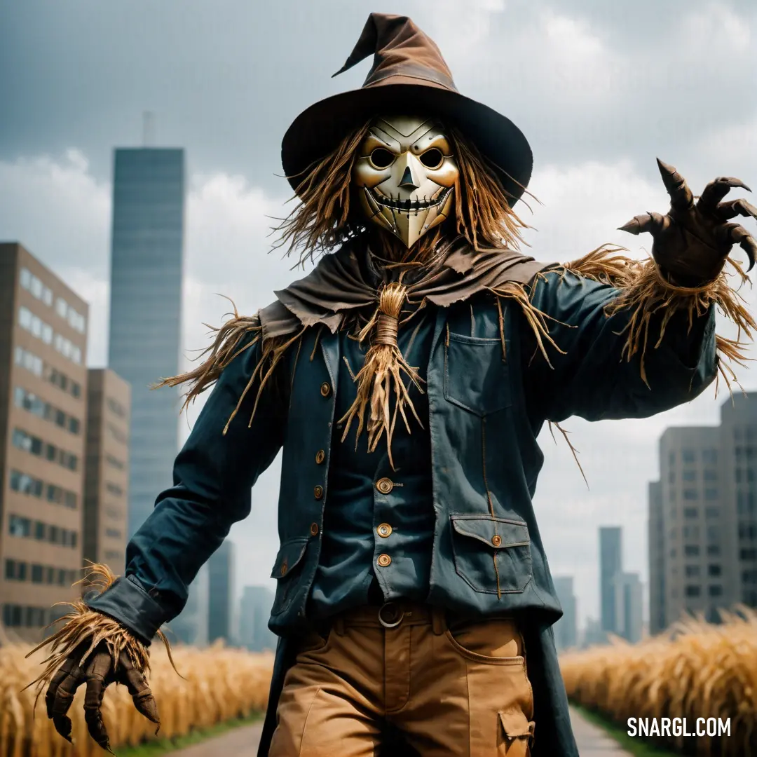 Scarecrow with a hat and a scarecrow costume on walking down a street in a city with tall buildings