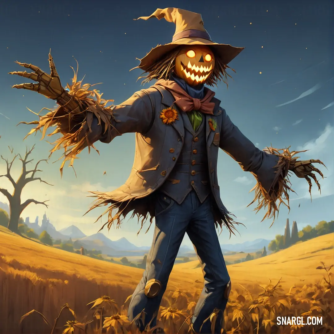 Scarecrow with a hat and a scarecrow costume is standing in a field