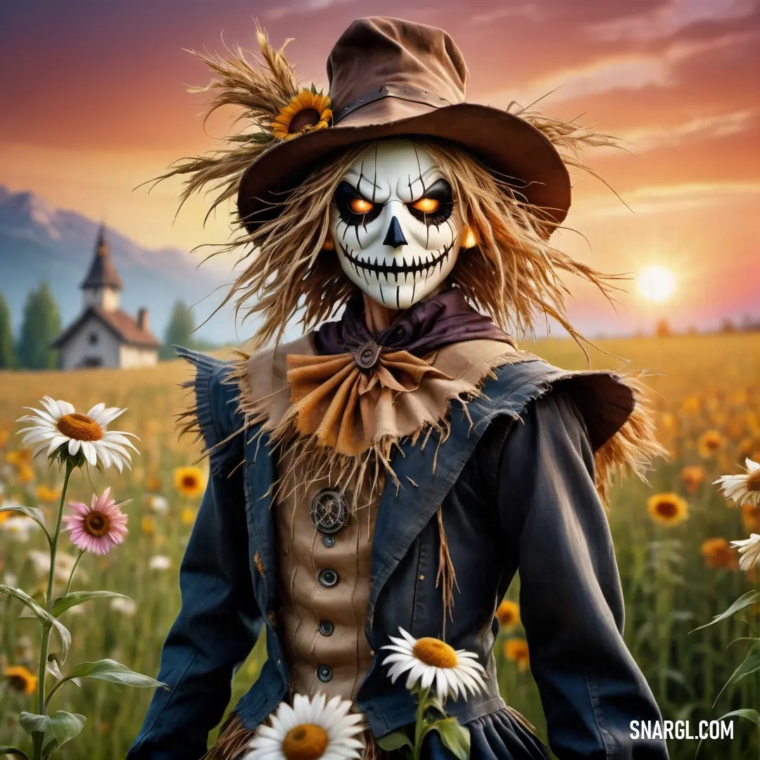 Scarecrow with a hat and a scarecrow costume in a field of flowers at sunset with a house in the background