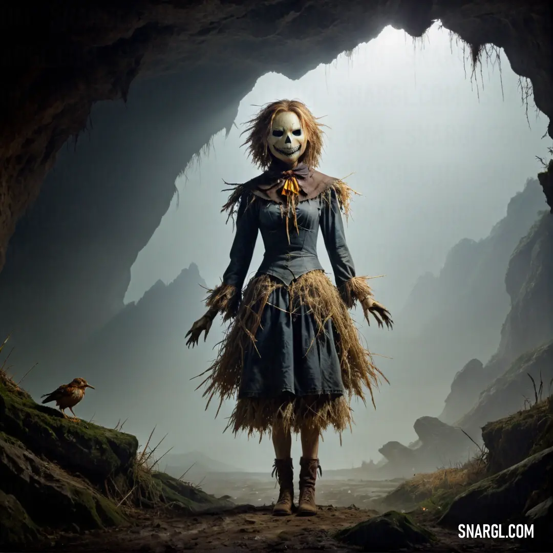 Scarecrow in a costume standing in a cave with a bird on her shoulder