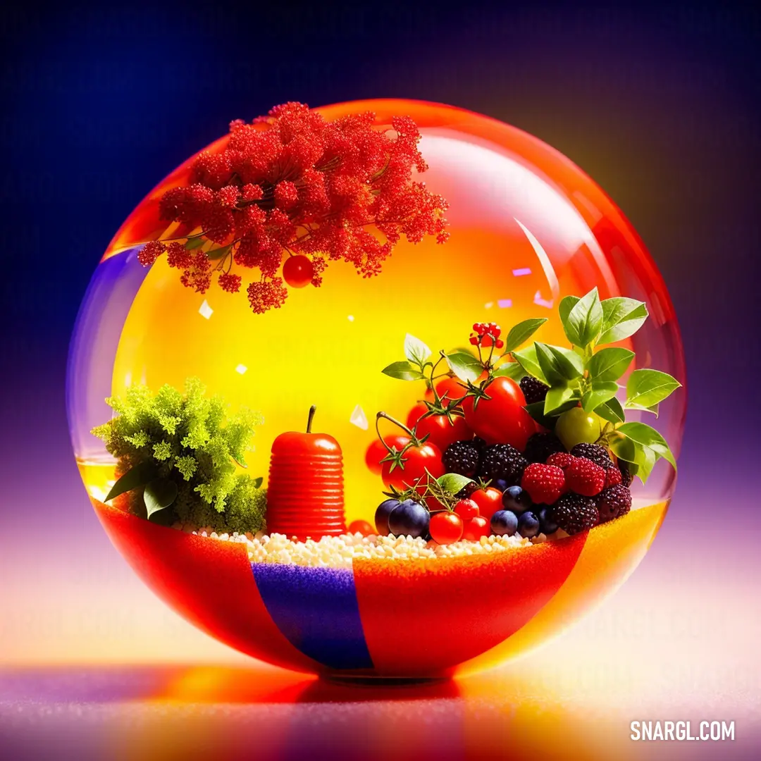 Bowl of fruit and vegetables in a bowl with a tree in the background and a blue