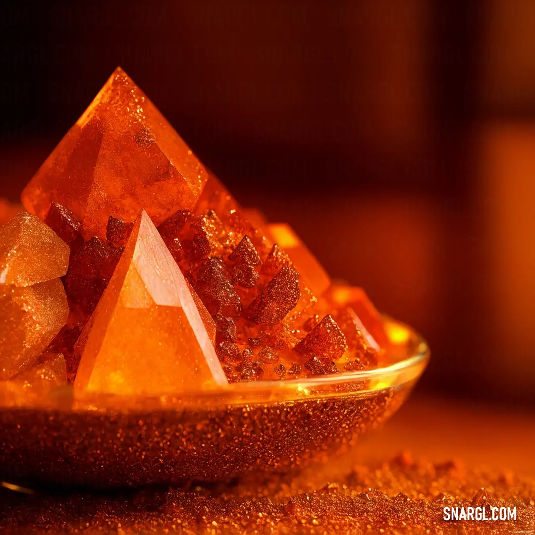 Scarlet color. Bowl of orange colored crystals on a table top with a brown background