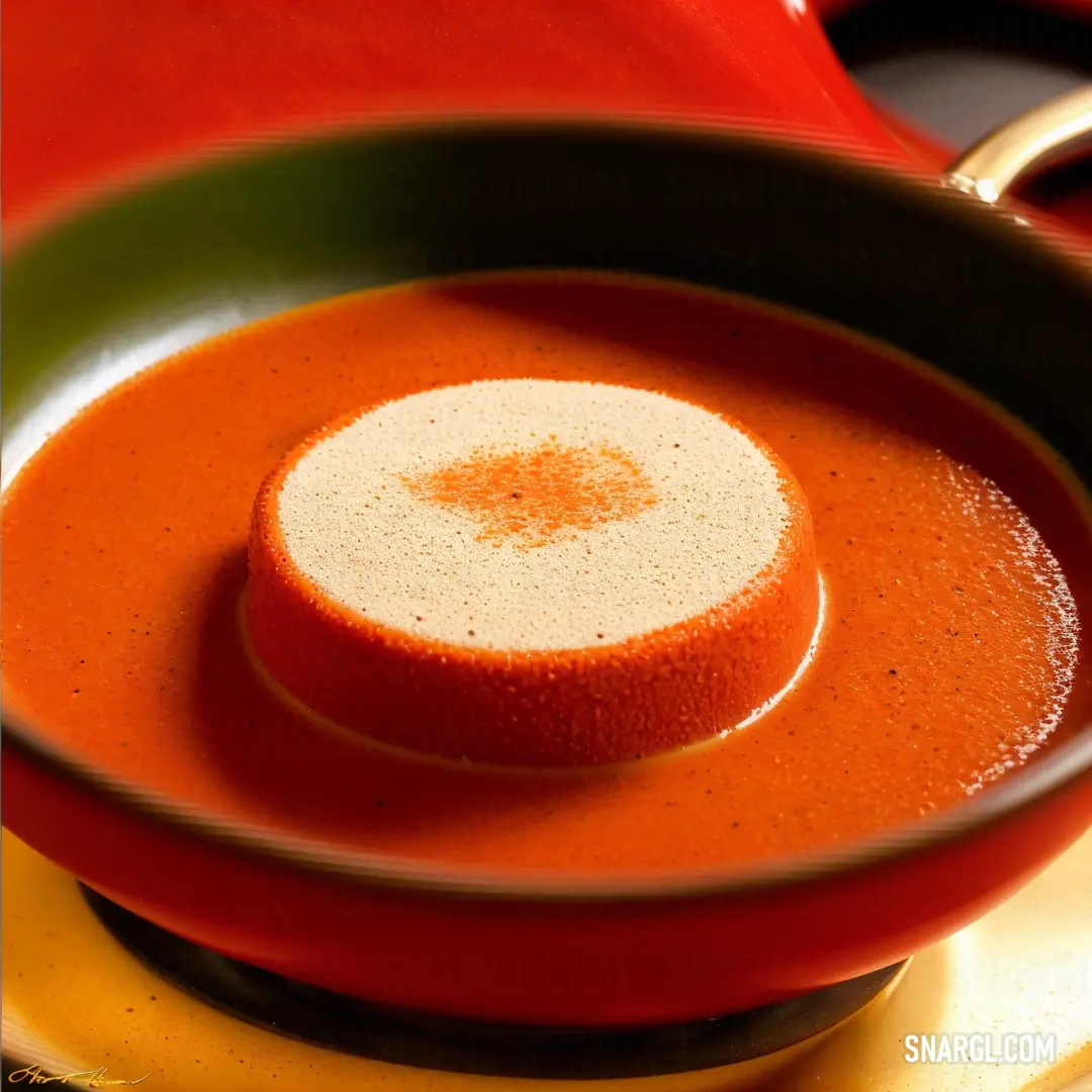 Bowl of soup with a red saucer on a yellow plate with a red pot behind it