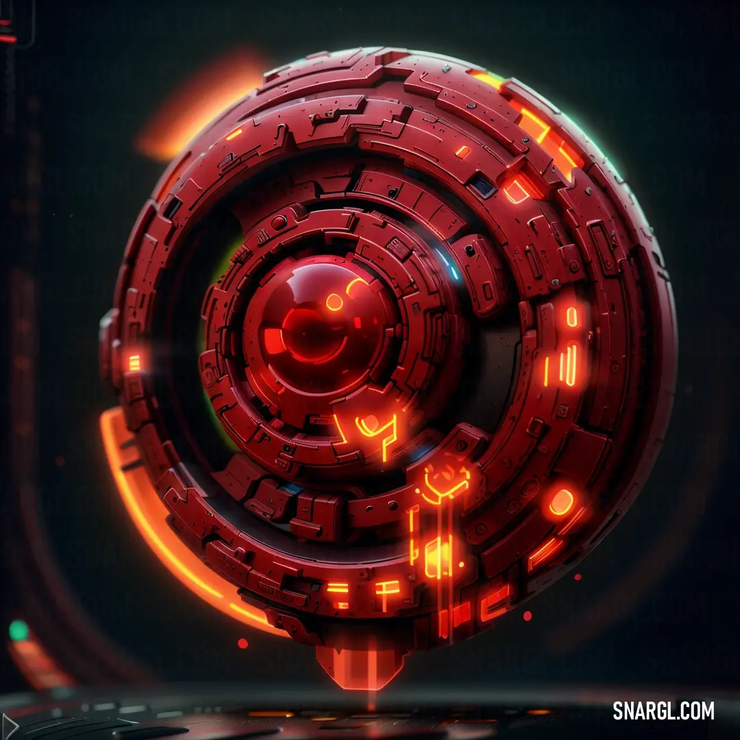 Futuristic red object with glowing lights and a black background with a red circle