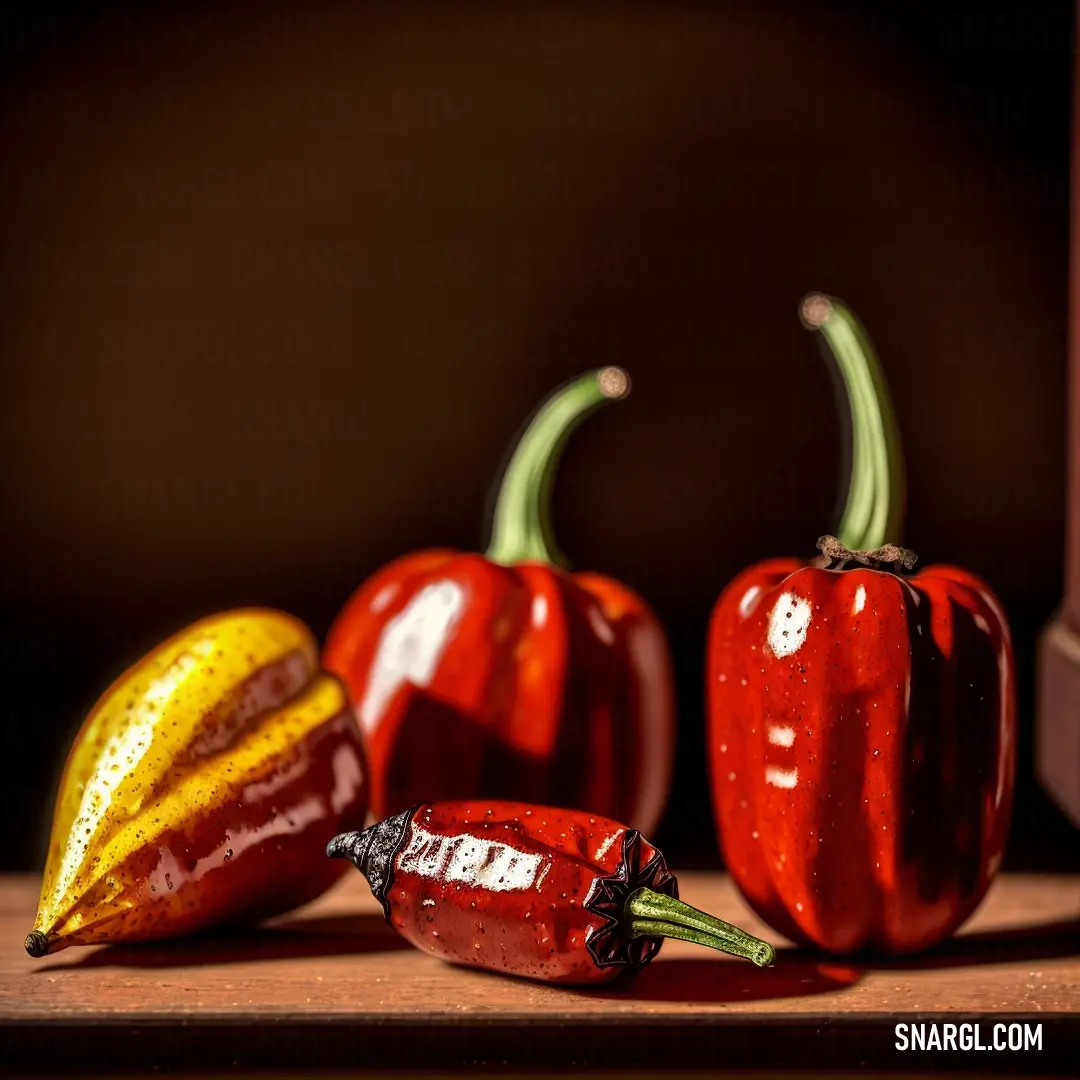 Group of red peppers on top of a wooden table next to a knife and a pepper shaker. Color CMYK 0,86,100,0.