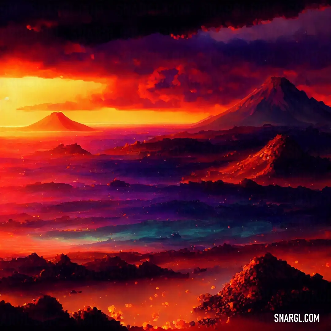 Painting of a mountain range with a sunset in the background and clouds in the foreground