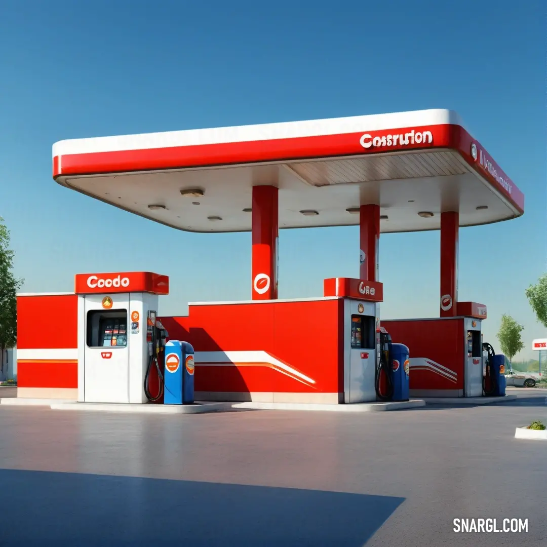 Red and white gas station with two blue and white gas pumps and a red and white sign that says coedo. Color CMYK 0,86,100,0.