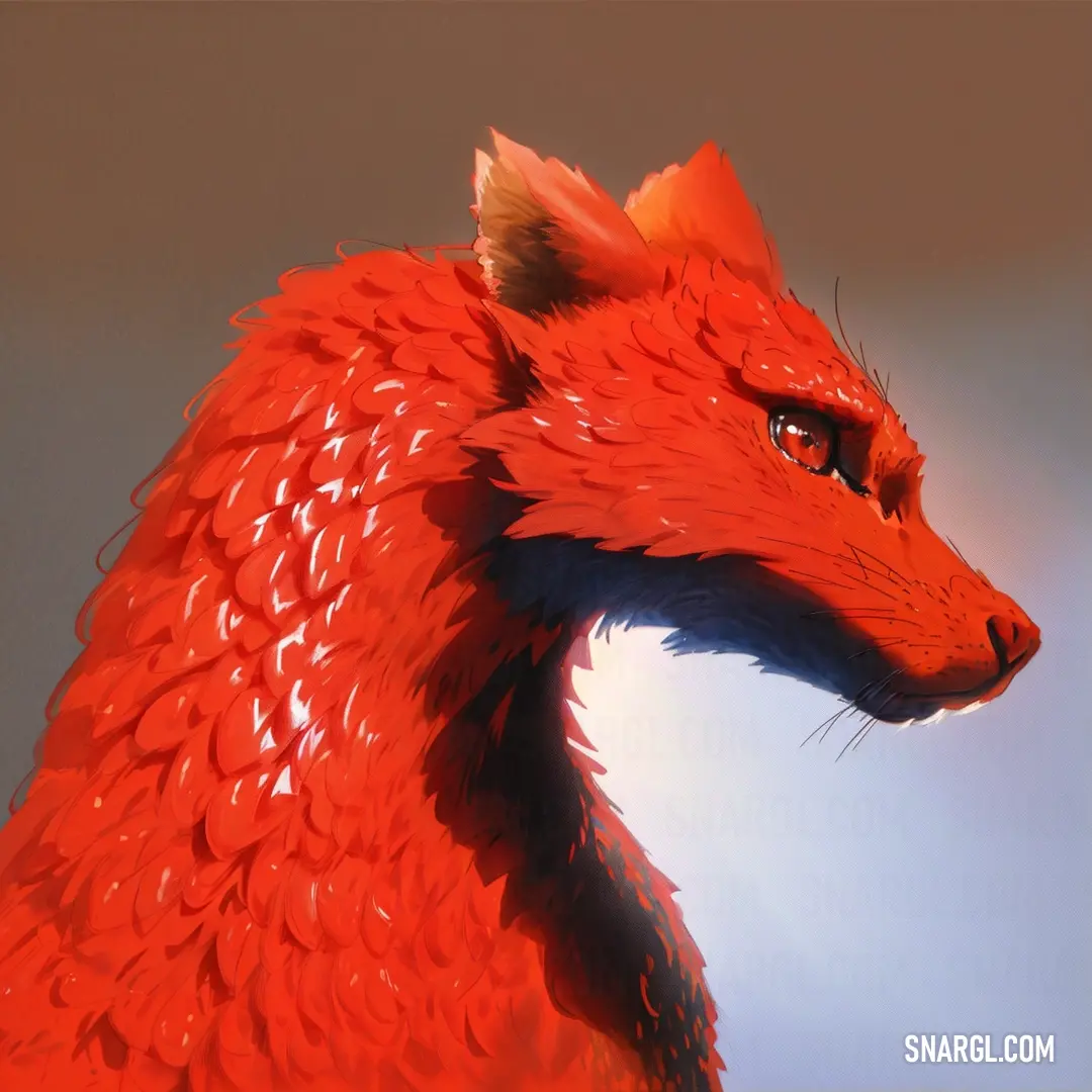 Scarlet color. Red fox with a blue tail and a brown nose and head with a light blue background