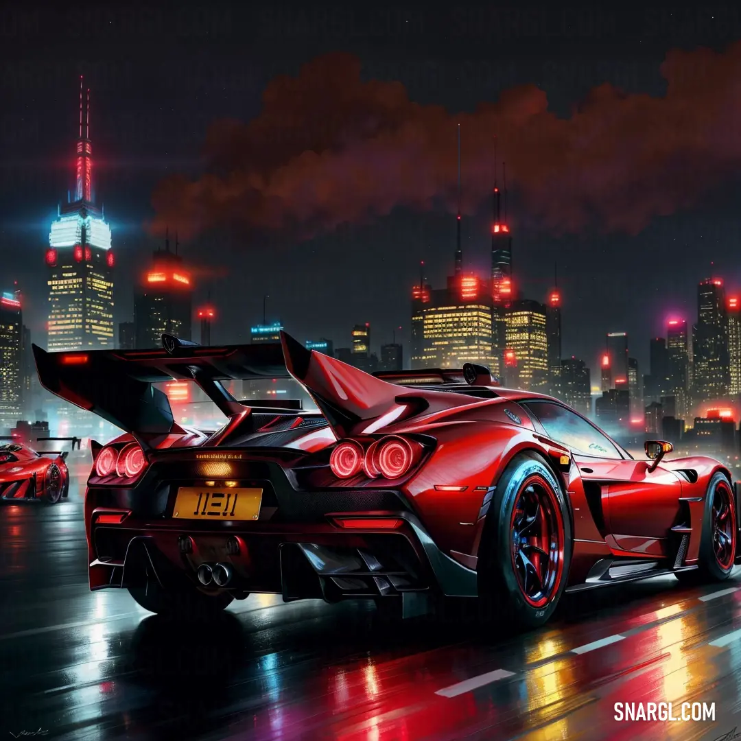 Red sports car driving down a city street at night with a city skyline in the background and a red neon light