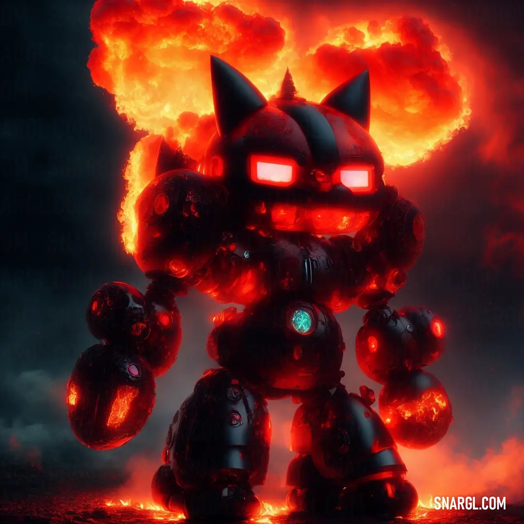 Robot with glowing eyes and a glowing face in front of a fire filled sky with clouds and lava. Example of RGB 255,36,0 color.